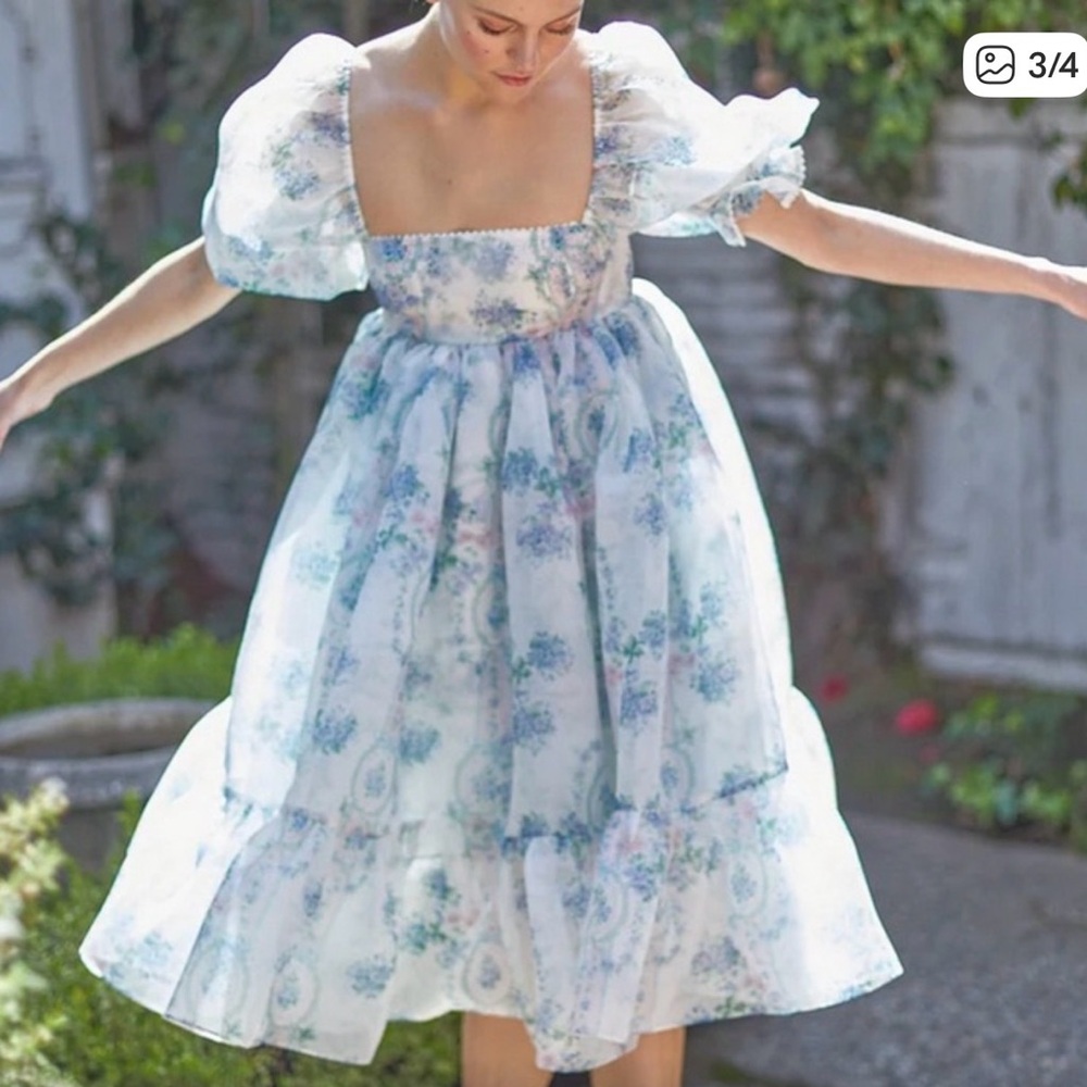 Selkie La Belle Etoile French Puff Sleeve Mini Dress in Soft Blue White Sheer - Picture 16 of 16